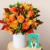 Bouquet de fleurs vase et carte