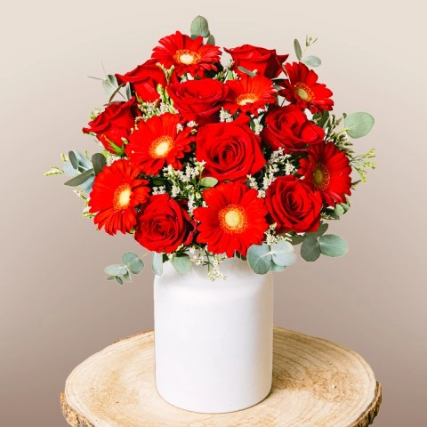 Magie De L'Amour Roses Rouges Et Gerberas